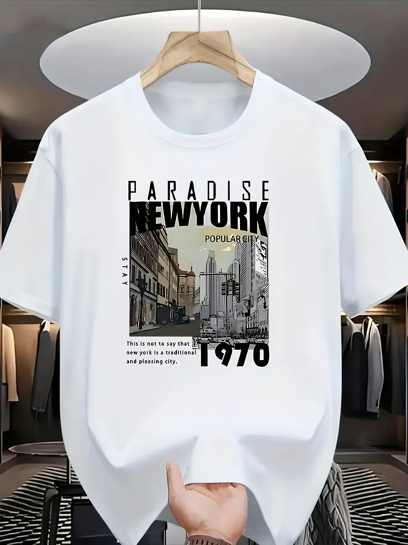 Tailorly Men's Printed Tee - Paradise New York Monochrome Cityscape With Classic Urban Street 1970 sold by Tailorly
