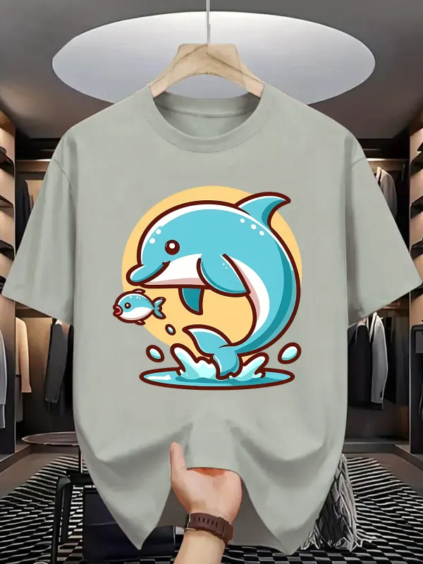 Tailorly Men's Printed Tee - Joyful Blue Dolphins Splashing In Vibrant Cartoon Ocean Setting Dolphin made by Tailorly