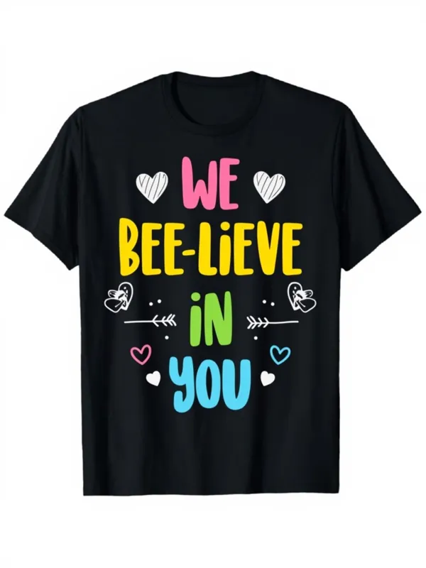 Tailorly Men's Printed Tee - We Bee Lieve In You Playful Hearts Bees And Bold Lettering made by Tailorly