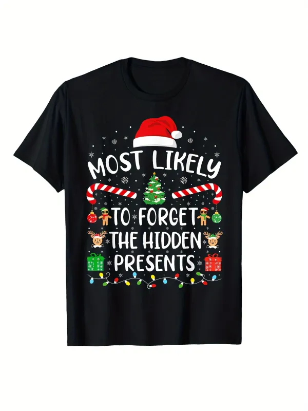 Tailorly Men's Printed Tee - Most Likely To Forget The Hidden Presents Surrounded By Candy Canes Santa Hat And Christmas Gift made by Tailorly