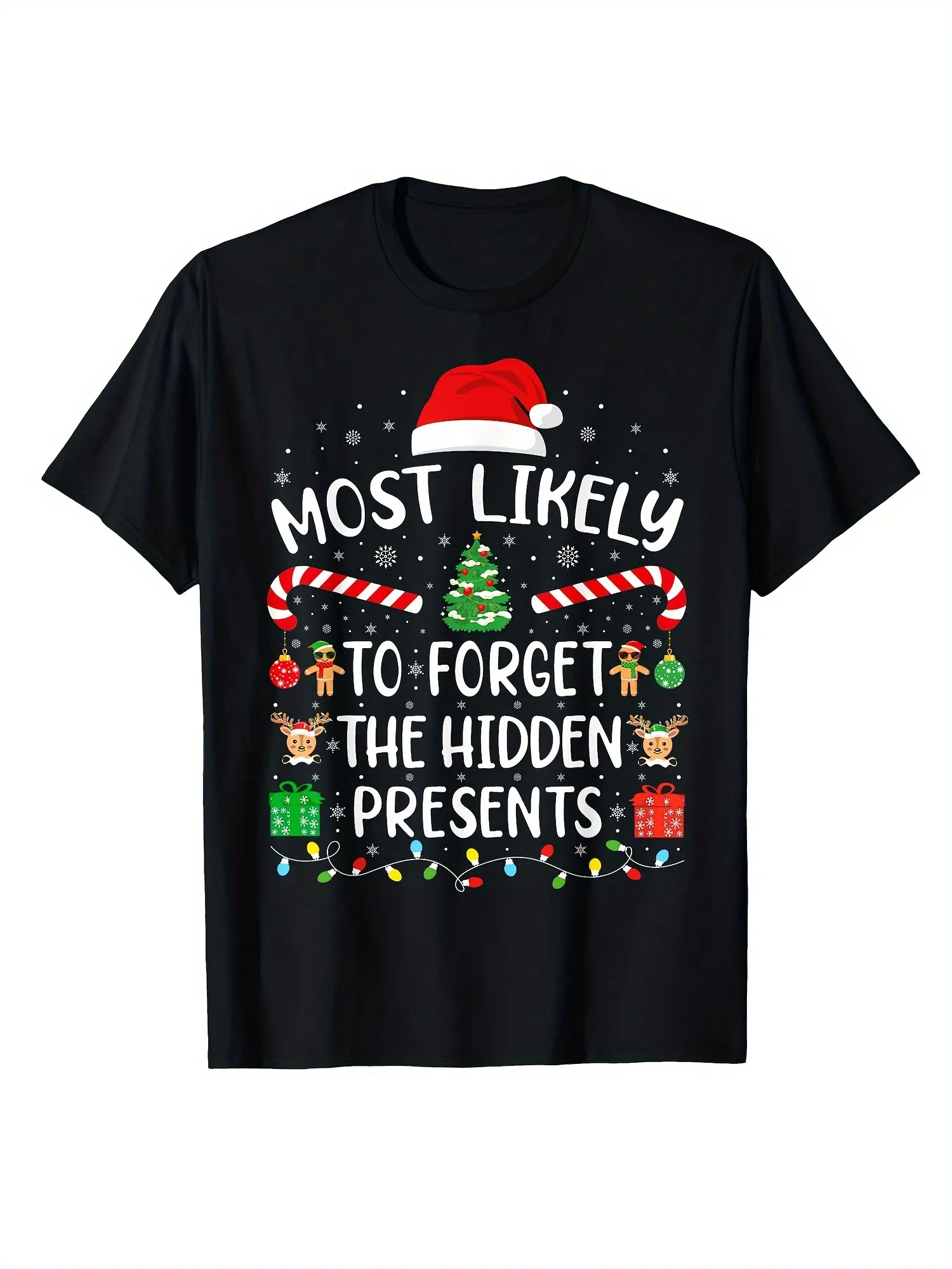 Tailorly Men's Printed Tee - Most Likely To Forget The Hidden Presents Surrounded By Candy Canes Santa Hat And Christmas Gift sold by Tailorly
