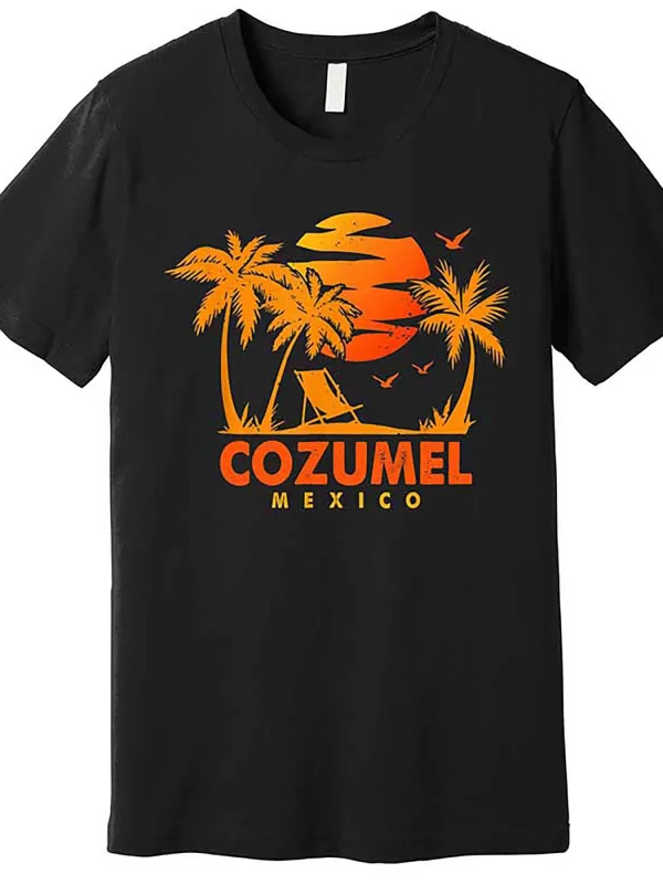 Tailorly Men's Printed Tee - Cozumel Mexico Tropical Sunset With Birds And Palm Trees made by Tailorly