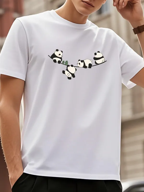 Tailorly Men's Printed Tee - Playful Pandas On A Branch Surrounded By Soft Green Leaves Panda made by Tailorly