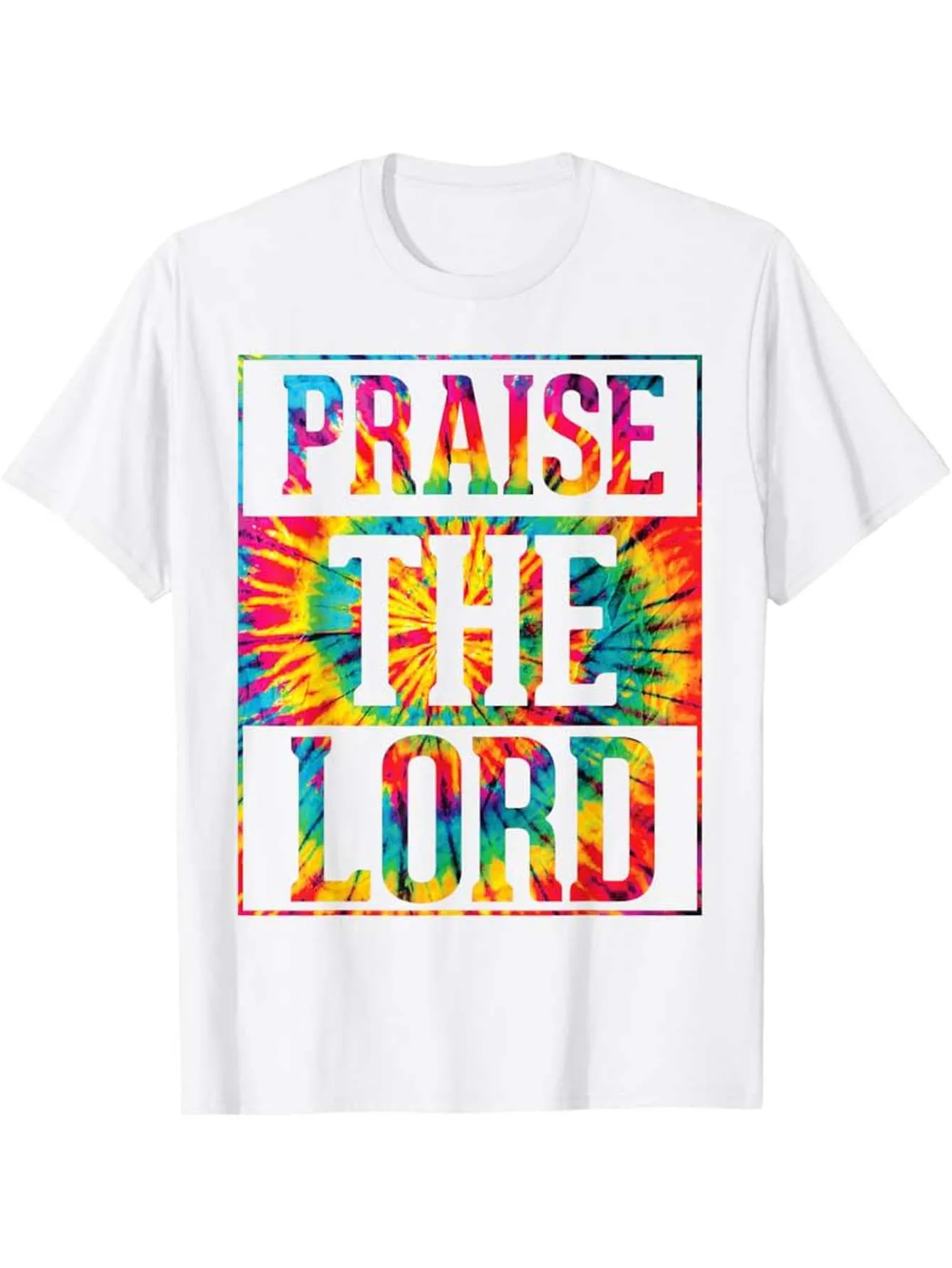 Tailorly Men's Printed Tee - Praise The Lord Tie Dye With Vivid Swirling Rainbow Pattern Typography sold by Tailorly