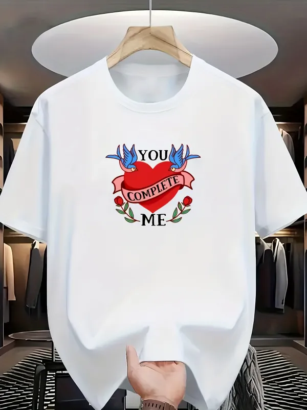 Tailorly Men's Printed Tee - You Complete Me Blue Swallows Over Red Heart Surrounded By Green Leaves made by Tailorly