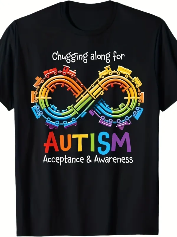 Tailorly Men's Printed Tee - Chugging Along Colorful Trains Forming Infinity Symbol Autism made by Tailorly