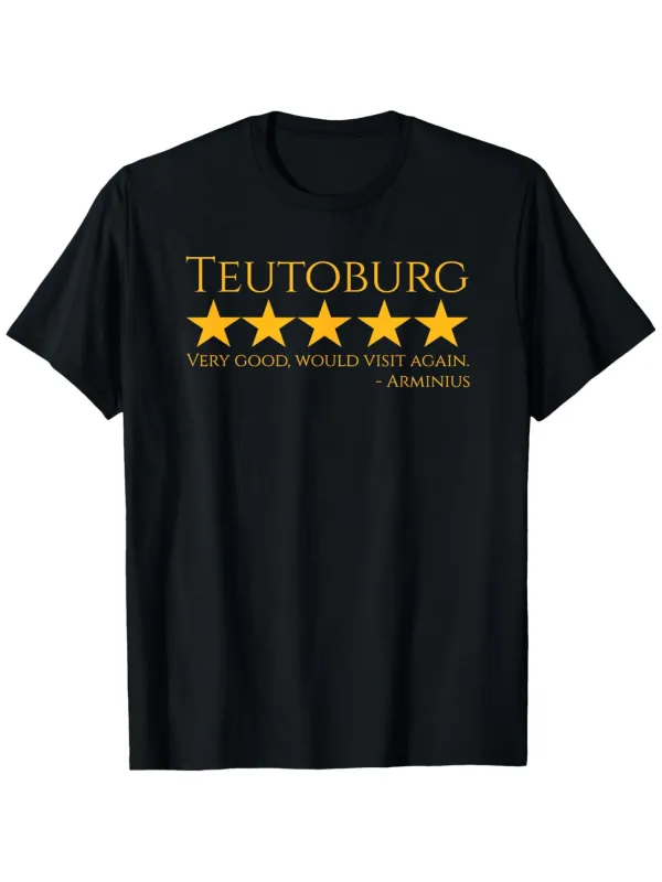 Tailorly Men's Printed Tee - Teutoburg Five Golden Stars With Review Text Underneath On Black T Shirt made by Tailorly