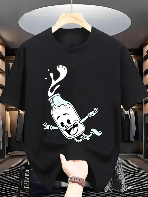 Tailorly Men's Printed Tee - Happy Dancing Milk Splash Bottle Character made by Tailorly