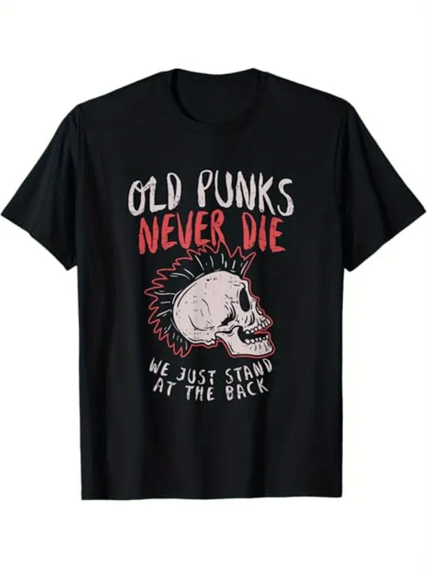 Tailorly Men's Printed Tee - Old Punks Never Die With Grunge Skull Mohawk And Bold Lettering Skull made by Tailorly