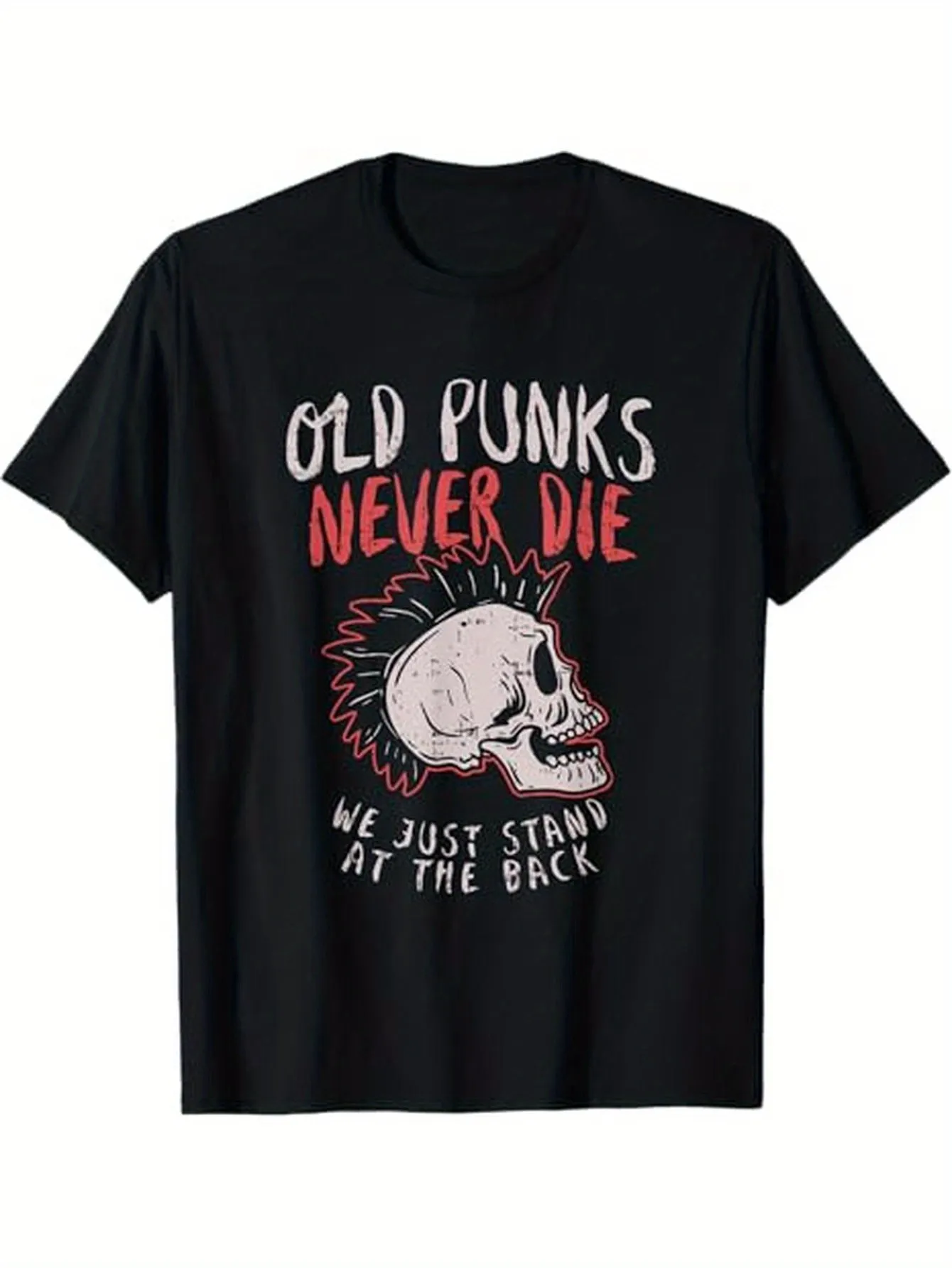 Tailorly Men's Printed Tee - Old Punks Never Die With Grunge Skull Mohawk And Bold Lettering Skull sold by Tailorly