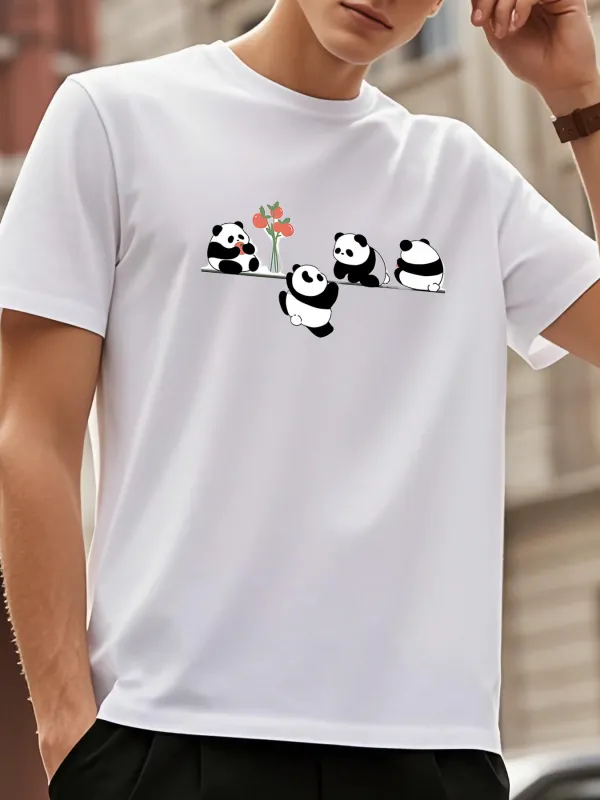 Tailorly Men's Printed Tee - Playful Pandas Holding Pink Flower On A White Soft Cotton T Shirt made by Tailorly