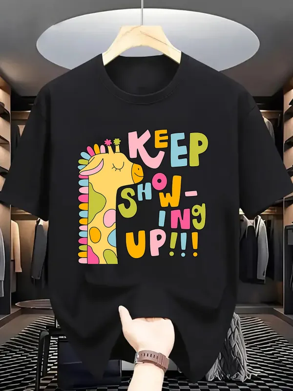 Tailorly Men's Printed Tee - Keep Showing Up Multicolored Playful Letters With Cheerful Cartoon Giraffe made by Tailorly