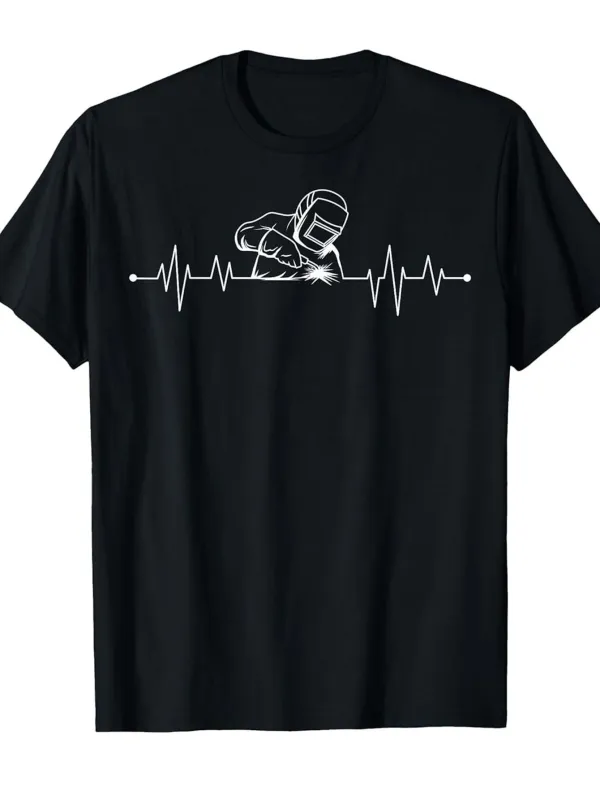 Tailorly Men's Printed Tee - Heartbeat Line With Skilled Welder Working On Metal Surface made by Tailorly