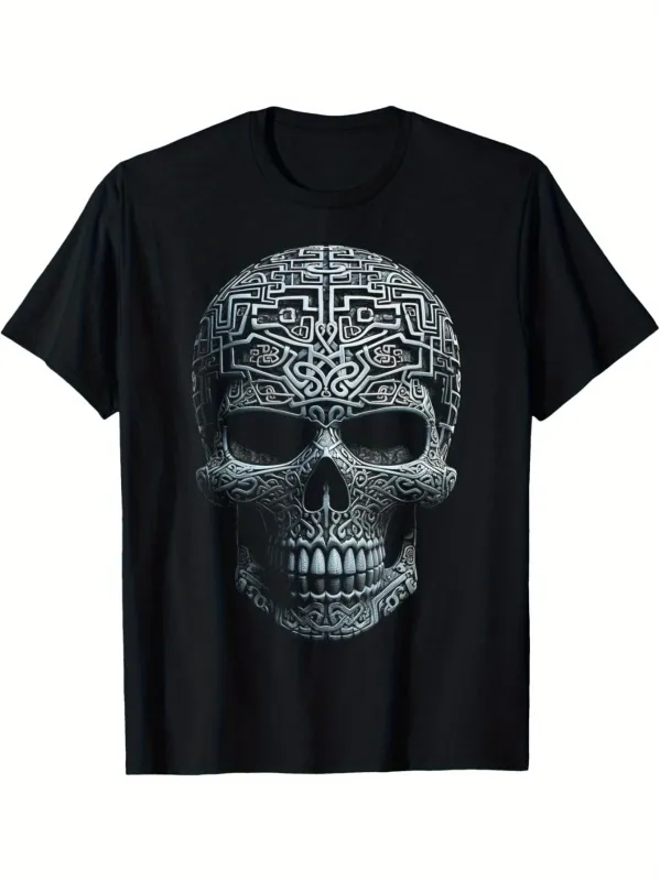 Tailorly Men's Printed Tee - Intricate Celtic Carvings Under Gentle Light Featuring Human Skull made by Tailorly