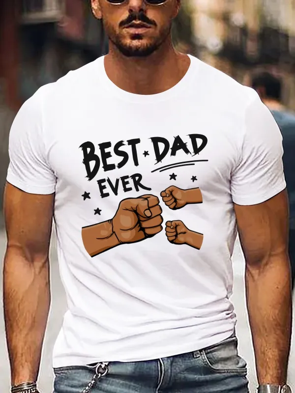 Tailorly Men's Printed Tee - Best Dad Ever Cartoon Arms With Fist Bump And Playful Stars made by Tailorly