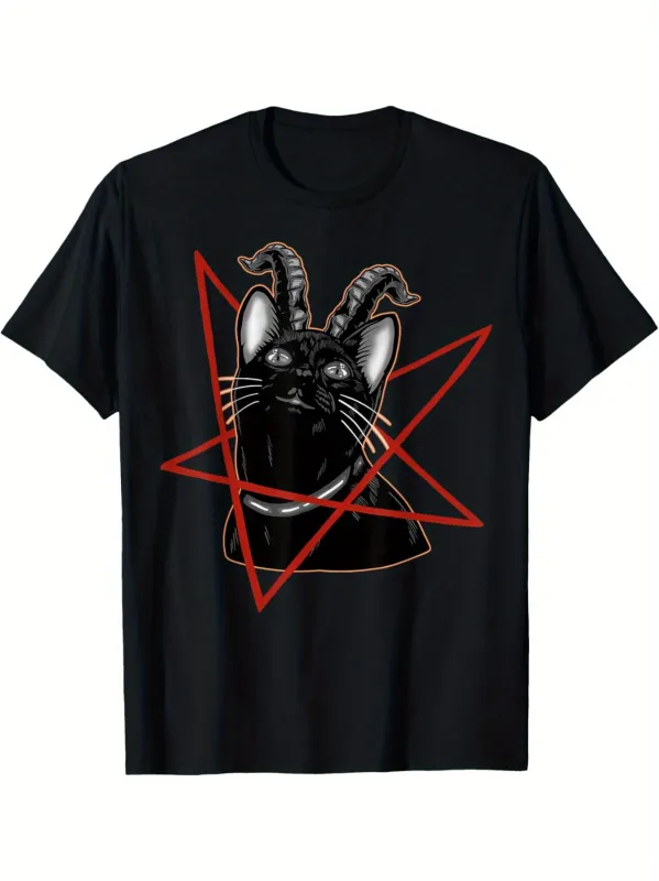 Tailorly Men's Printed Tee - Mysterious Cat Staring With Horns Among Red Geometric Pentagram made by Tailorly
