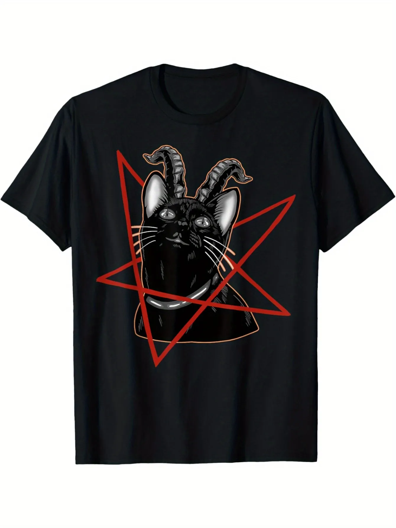 Tailorly Men's Printed Tee - Mysterious Cat Staring With Horns Among Red Geometric Pentagram sold by Tailorly