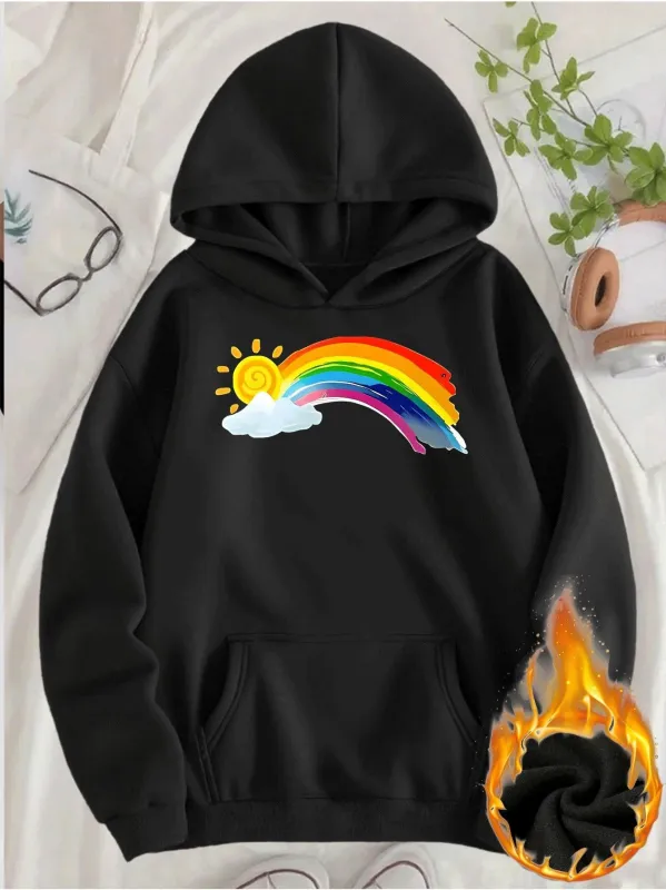 Tailorly Women's Printed Hoodie - Bright Colorful Rainbow And Sun Over Fluffy White Cloud Hoodie made by Tailorly