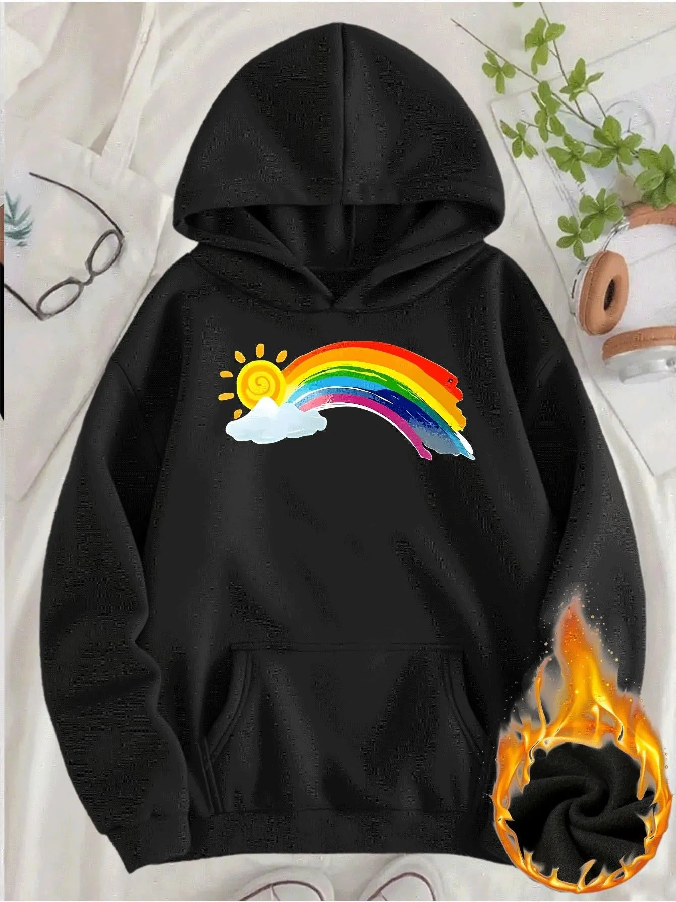 Tailorly Women's Printed Hoodie - Bright Colorful Rainbow And Sun Over Fluffy White Cloud Hoodie sold by Tailorly