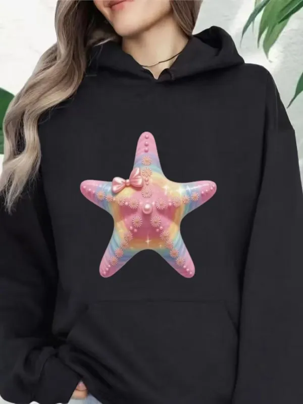 Tailorly Women's Printed Hoodie - Candy Pastel Rainbow With Cute Pink Decorative Starfish made by Tailorly