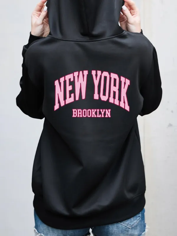 Tailorly Women's Printed Hoodie - New York Brooklyn Bold Typography On Sleek Urban Black Hoodie made by Tailorly