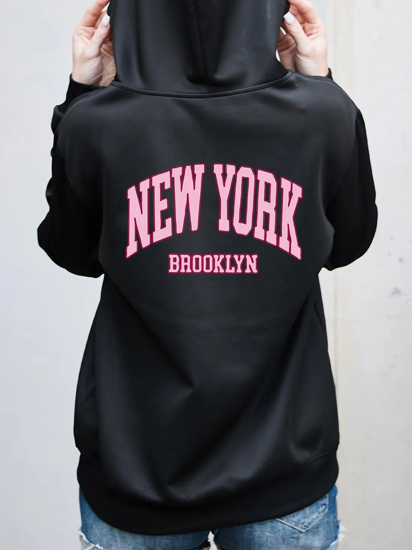 Tailorly Women's Printed Hoodie - New York Brooklyn Bold Typography On Sleek Urban Black Hoodie sold by Tailorly