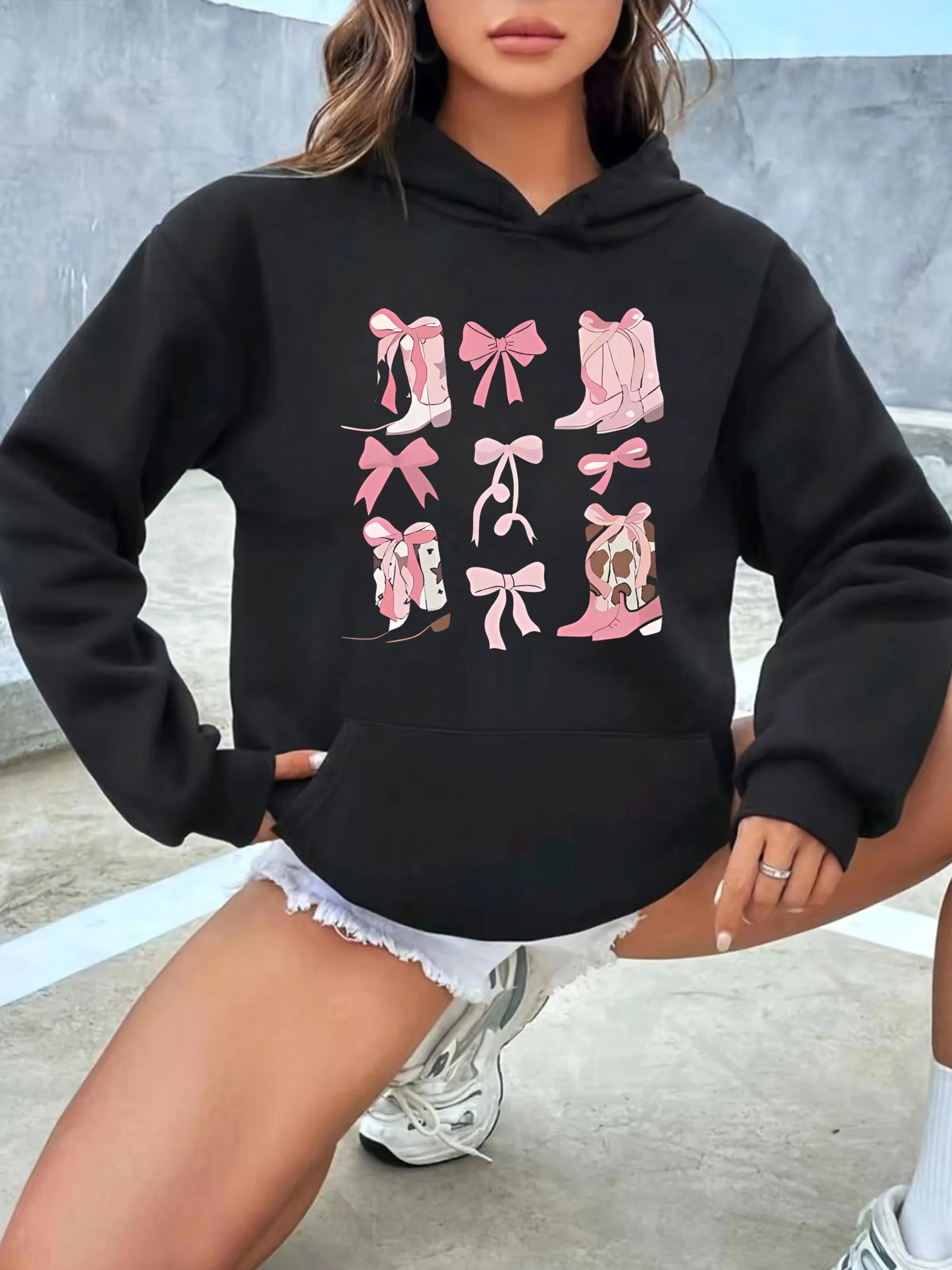Tailorly Women's Printed Hoodie - Pink Ribbons With Ballet Slippers And Cowboy Boots Hoodie sold by Tailorly