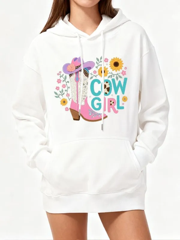 Tailorly Women's Printed Hoodie - Cowgirl With Pink Cowboy Boots Among Blossoming Sunflowers made by Tailorly