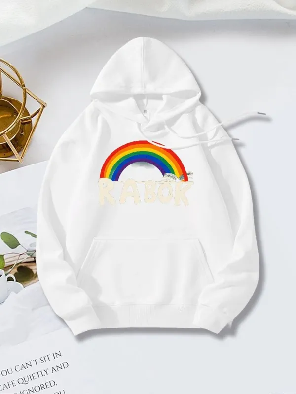 Tailorly Women's Printed Hoodie - Vivid Rainbow Arc With Puffy Clouds And Sunlight Over White Hoodie made by Tailorly