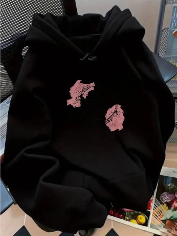 Tailorly Women's Printed Hoodie - Abstract Pink Brushstrokes Spreading Across Midnight Black Hoodie made by Tailorly