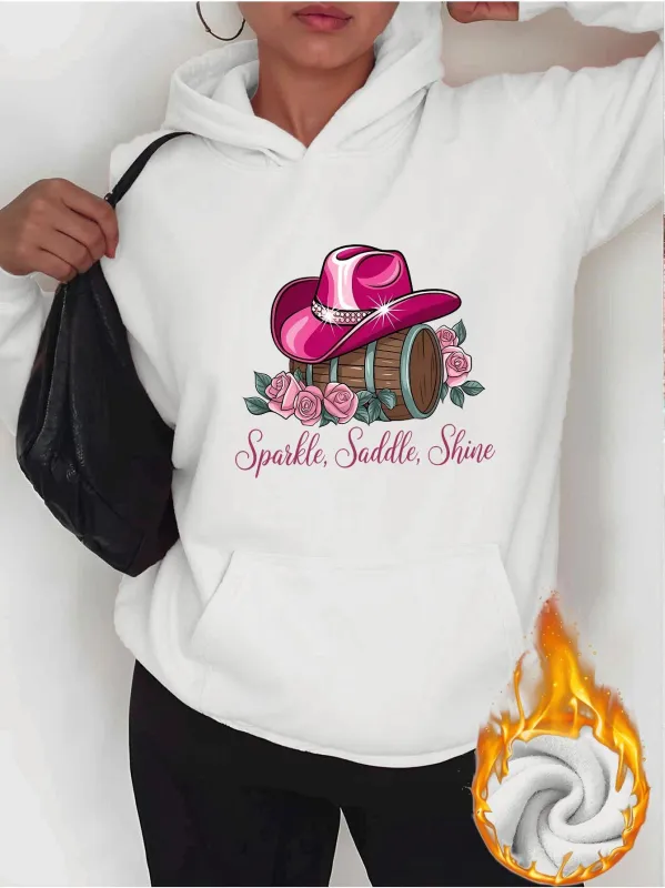 Tailorly Women's Printed Hoodie - Sparkle Saddle Shine Pink Cowboy Hat With Roses And Western Barrel made by Tailorly