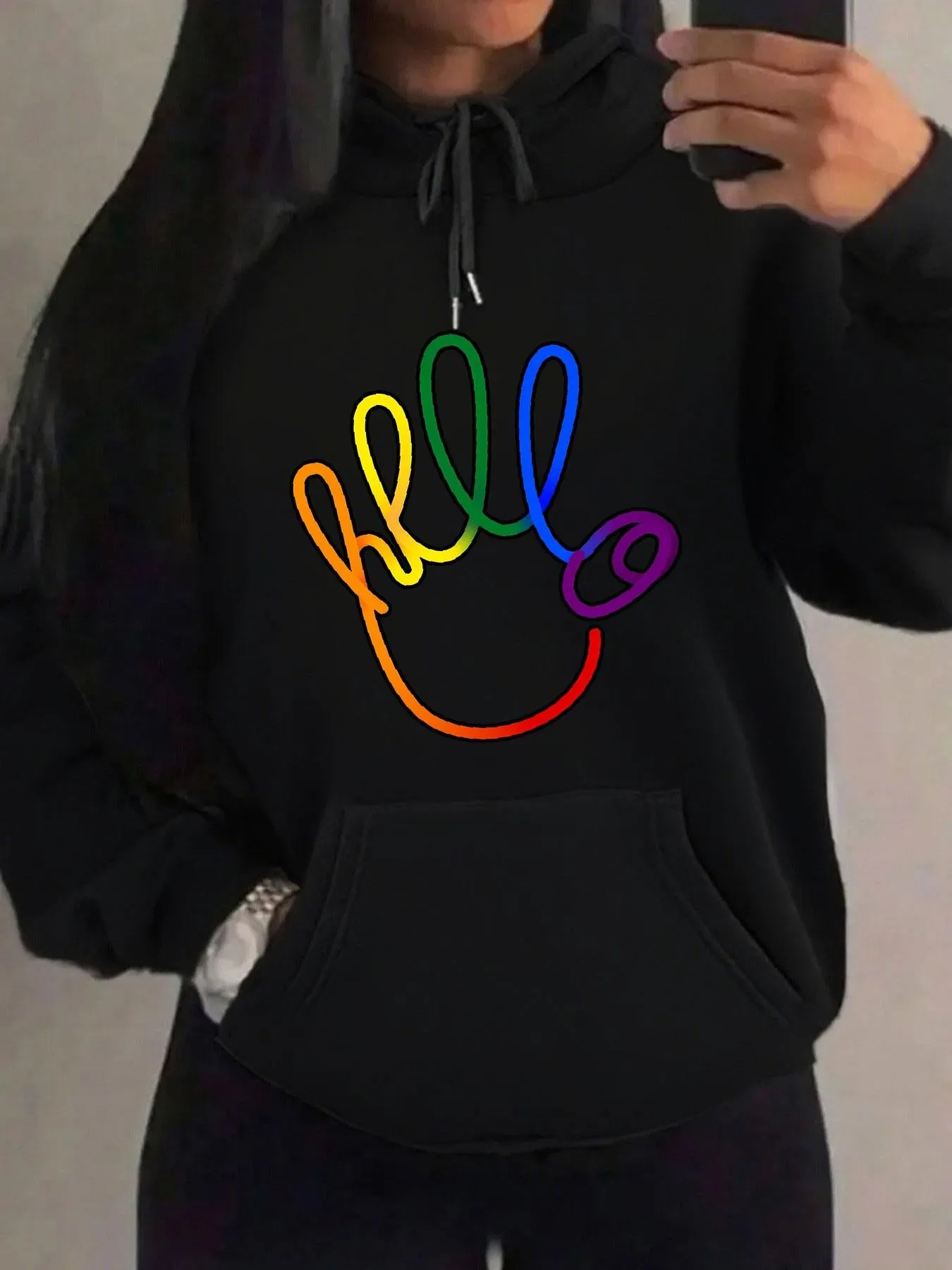 Tailorly Women's Printed Hoodie - Colorful Rainbow Lettering With Smiling Face Design Hello sold by Tailorly