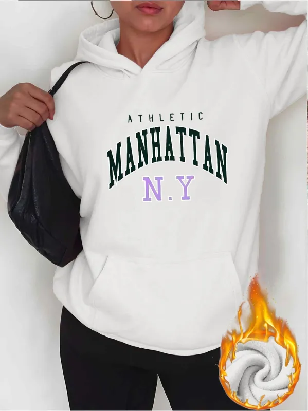 Tailorly Women's Printed Hoodie - Athletic Manhattan NY Bold Letters Featuring White Cotton Hoodie made by Tailorly