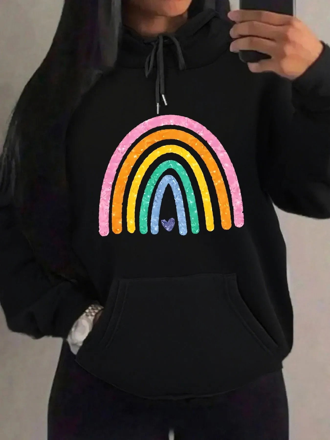 Tailorly Women's Printed Hoodie - Vibrant Pastel Rainbow Stripes Above Tiny Heart Motif Hoodie sold by Tailorly