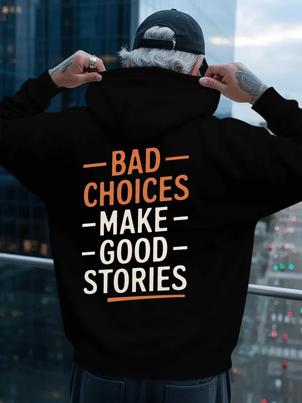 Tailorly Men's Printed Hoodie - Bad Choices Make Good Stories Urban Rooftop Scene With City Lights Hoodie made by Tailorly