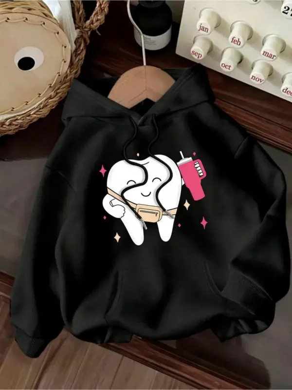 Tailorly Women's Printed Hoodie - Cartoon Smiling Tooth With Pink Toothbrush Cheerful Hygienic Mascot made by Tailorly