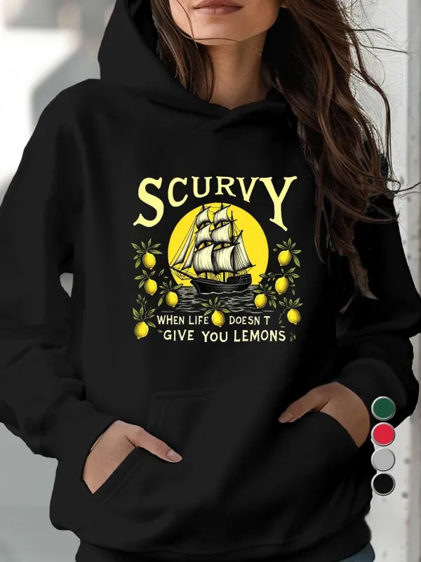 Tailorly Women's Printed Hoodie - Scurvy When Life Does Not Give You Lemons With Bright Yellow Sun And Sailing Ship made by Tailorly