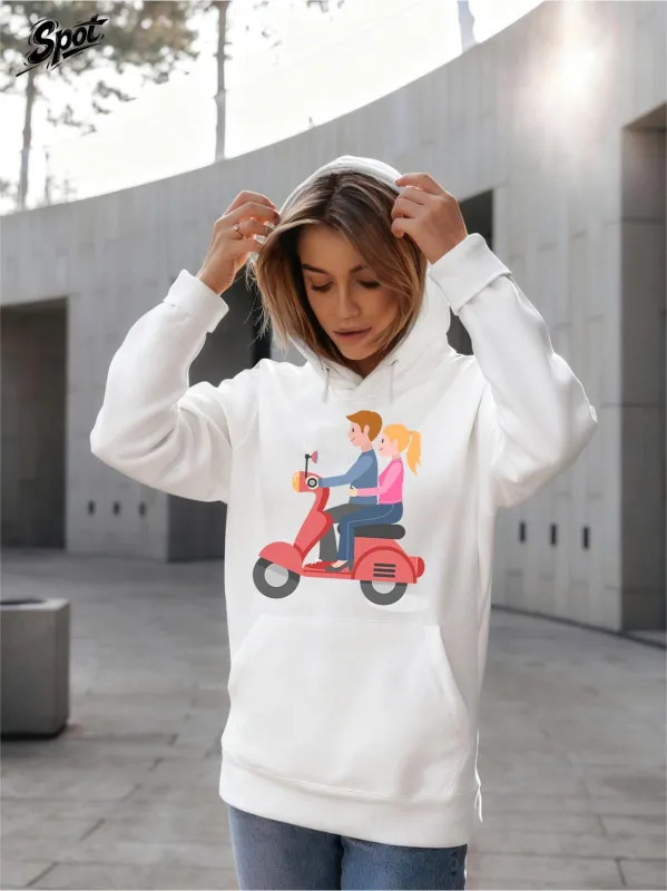Tailorly Women's Printed Hoodie - Couple Riding Red Scooter In City Among Soft Morning Light Scooter made by Tailorly