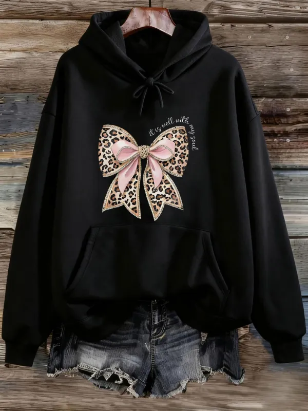 Tailorly Women's Printed Hoodie - Elegant Pink Ribbon With Leopard Print Pattern Bow made by Tailorly