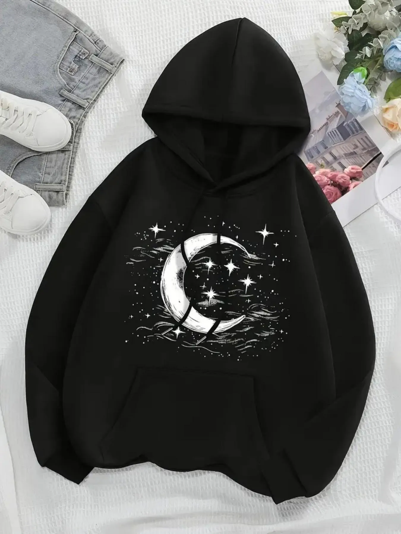 Tailorly Women's Printed Hoodie - Celestial Night Sky With Radiant Stars Illuminating Crescent Moon sold by Tailorly