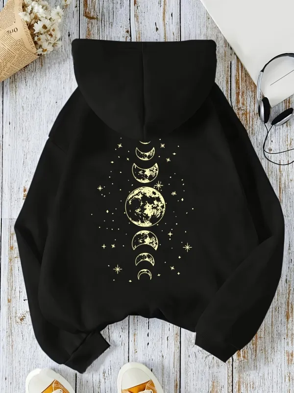 Tailorly Women's Printed Hoodie - Golden Celestial Phases With Glowing Stars And Shimmering Moon Design made by Tailorly