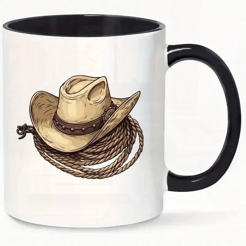 Tailorly Black Accent 11 oz Mug - western cowboy hat with rope illustration made by Tailorly