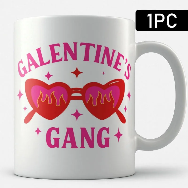 Tailorly White Ceramic 11 oz Mug - Galentine's Gang Retro Red Heart Shaped Glasses Featuring Flaming Lenses Under Pink Stars Sunglasses made by Tailorly