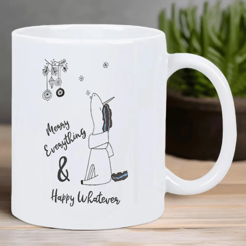 Tailorly White Ceramic 11 oz Mug - Merry Everything Happy Whatever Minimalist Black Line Art Festive Creature Wearing Scarf Under Ornaments Unicorn made by Tailorly