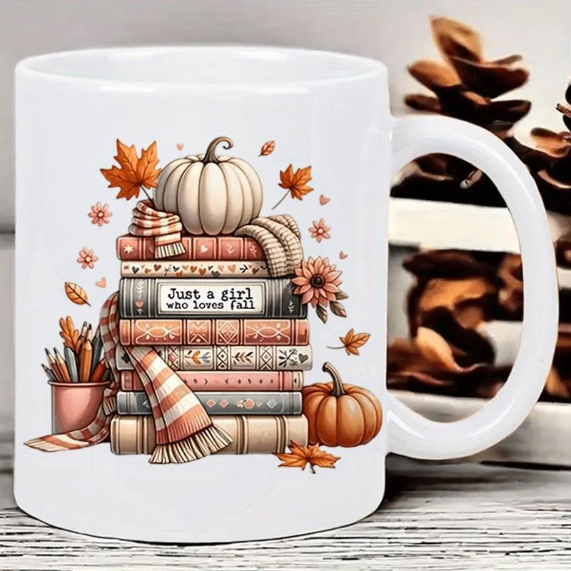 Tailorly White Ceramic 11 oz Mug - Just A Girl Who Loves Fall Rustic Stacked Books With Striped Scarf And Autumn Maple Leaves Pumpkin made by Tailorly