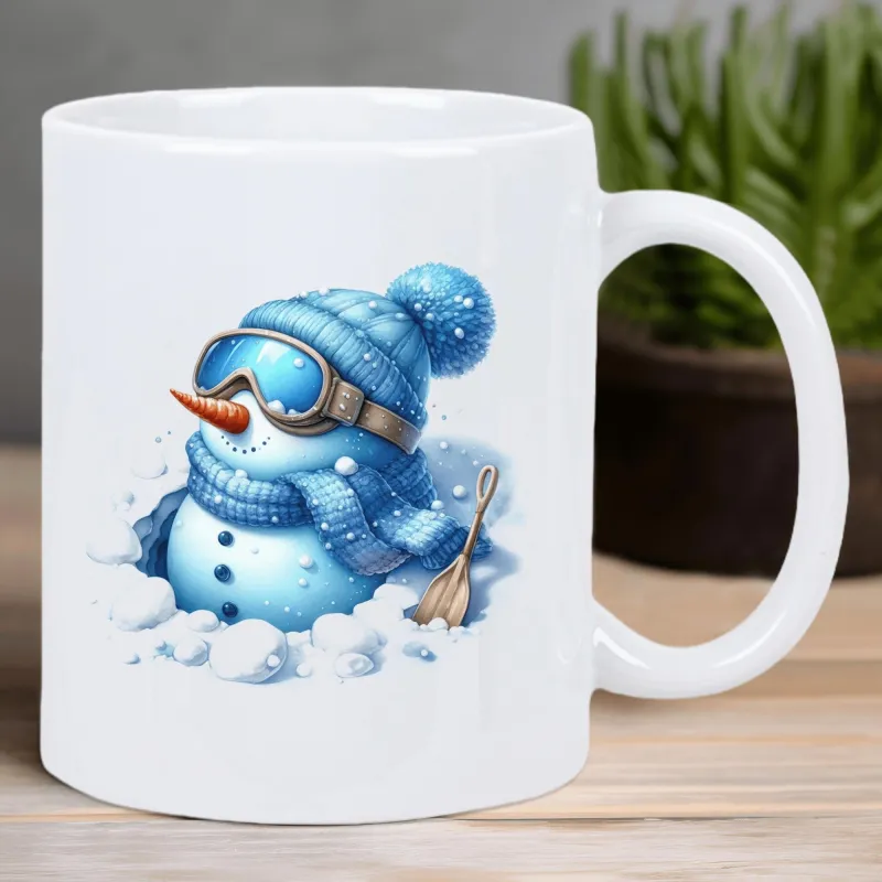 Tailorly White Ceramic 11 oz Mug - Cute Winter Snowman Wearing Blue Ski Goggles And Warm Knit Scarf Snowman made by Tailorly