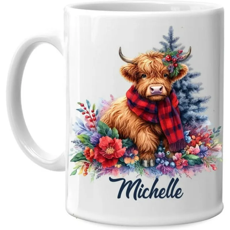 Tailorly White Ceramic 11 oz Mug - Michelle Fluffy Highland Cow Wearing Red Plaid Scarf Among Colorful Winter Flowers Cow made by Tailorly