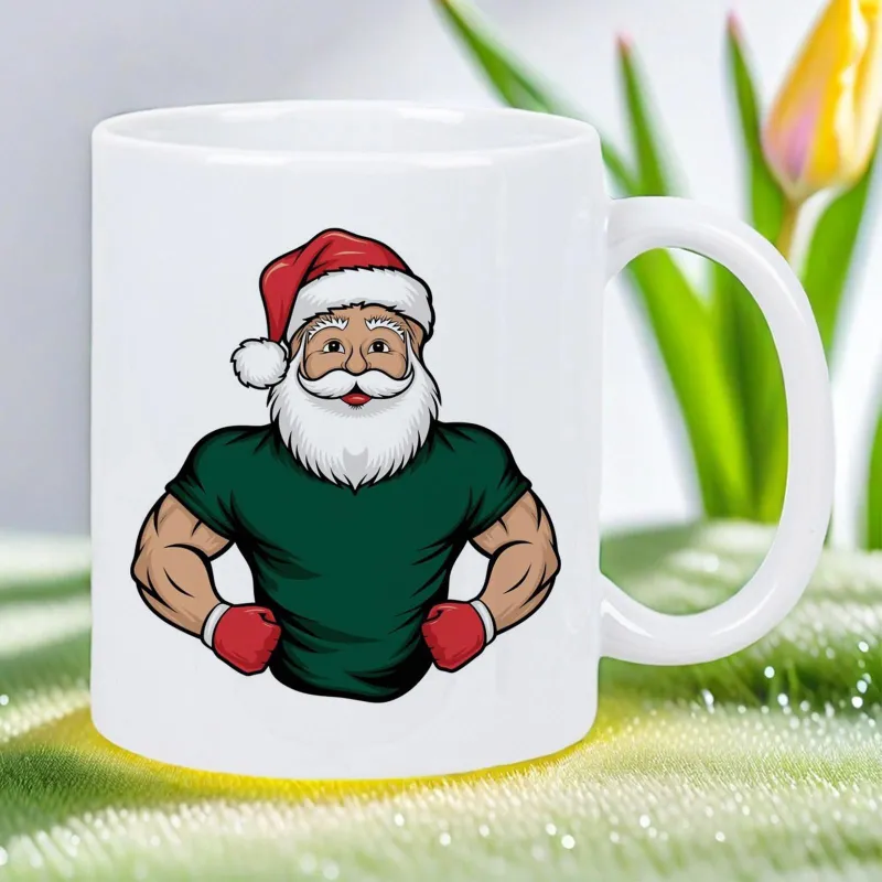 Tailorly White Ceramic 11 oz Mug - Strong Muscular Christmas Character Wearing Green Shirt And Red Gloves Santa made by Tailorly