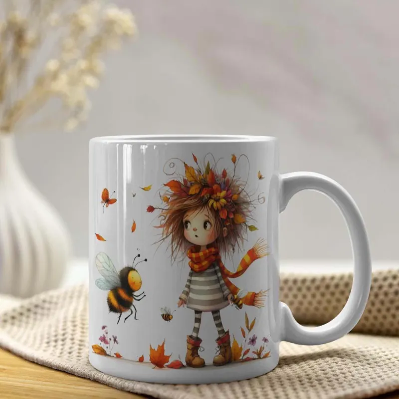 Tailorly White Ceramic 11 oz Mug - Charming Whimsical Autumn Character Wearing Scarf Among Falling Golden Maple Leaves Girl made by Tailorly