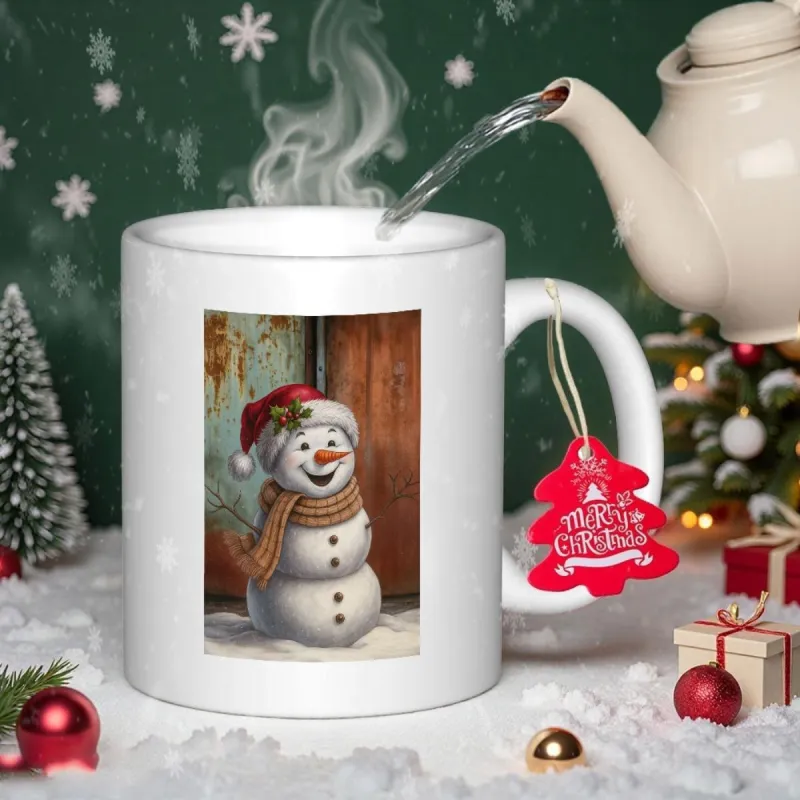 Tailorly White Ceramic 11 oz Mug - Merry Christmas Smiling Winter Snowman Wearing Scarf And Festive Red Hat Snowman made by Tailorly